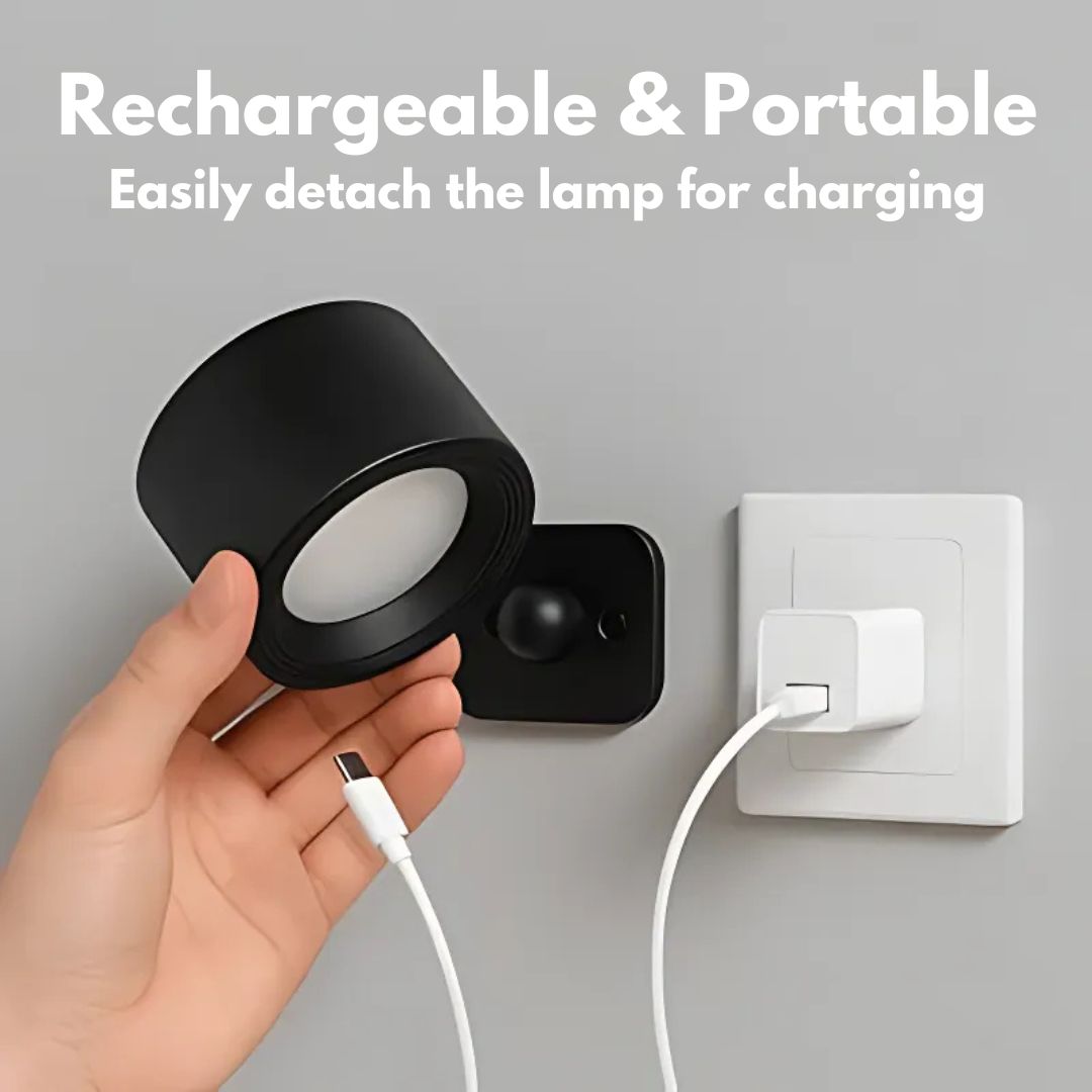 "Rechargeable 360° rotating wall light, features sleek design with magnetic ball joint, touch control, and adjustable lightin
