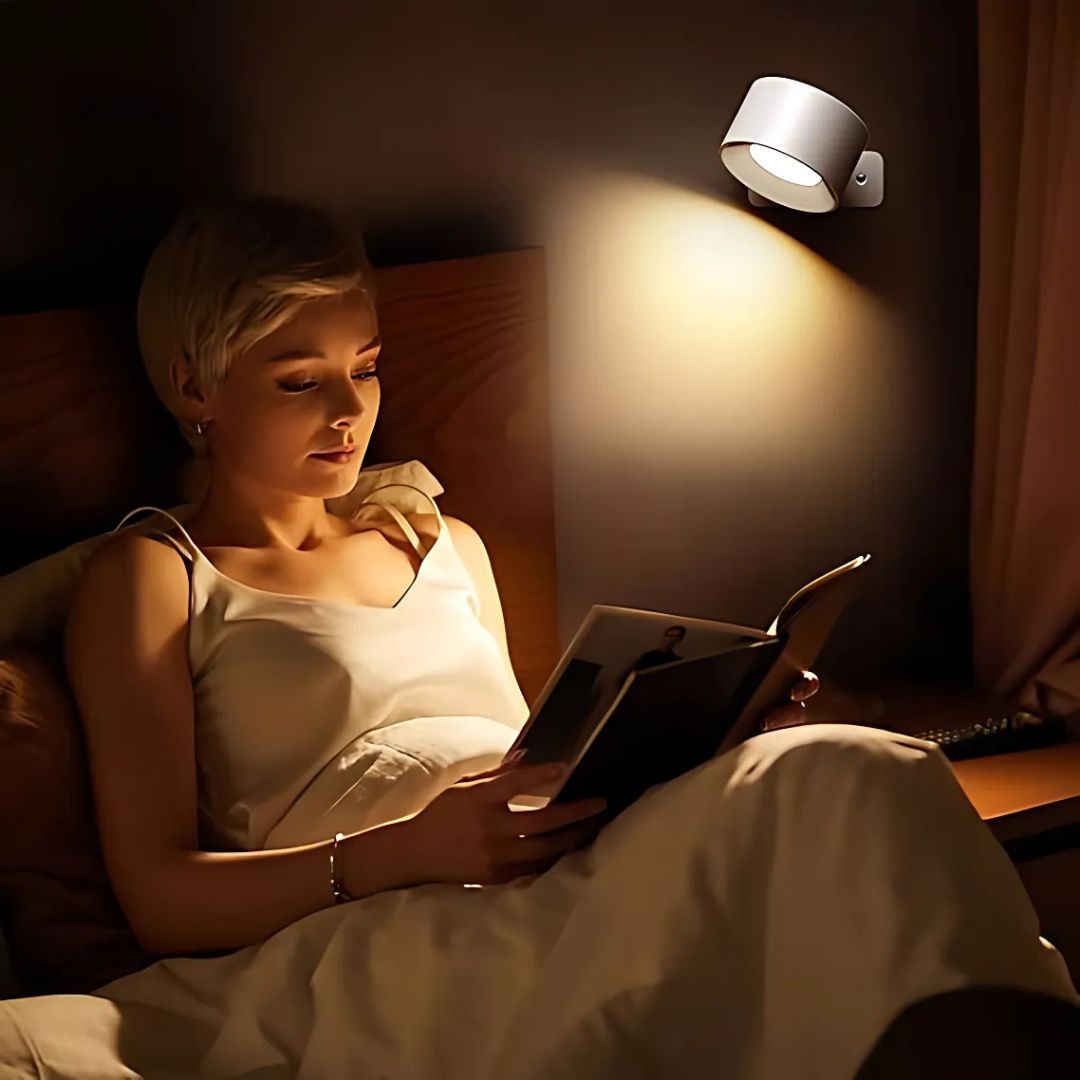 "Rechargeable 360° rotating wall light, features sleek design with magnetic ball joint, touch control, and adjustable lightin