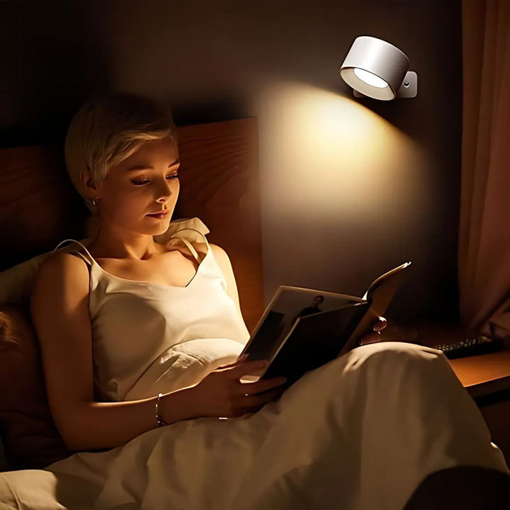 "Rechargeable 360° rotating wall light, features sleek design with magnetic ball joint, touch control, and adjustable lightin