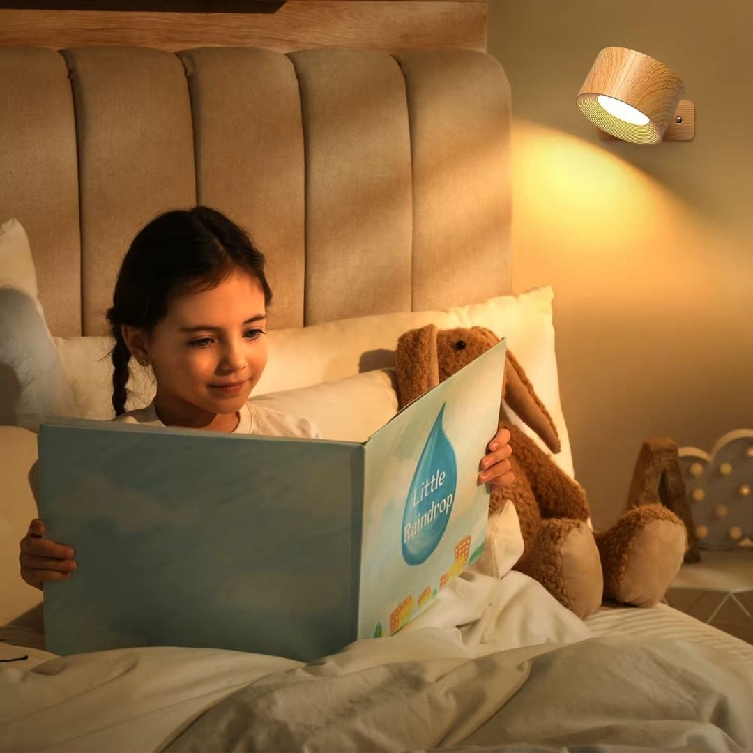 "Rechargeable 360° rotating wall light, features sleek design with magnetic ball joint, touch control, and adjustable lightin