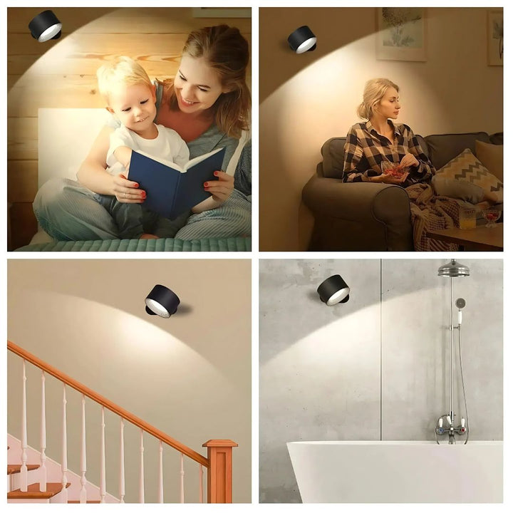 "Rechargeable 360° rotating wall light, features sleek design with magnetic ball joint, touch control, and adjustable lightin