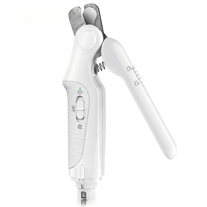 "Rechargeable dog nail grinder and clipper with LED light; ergonomic design for safe pet grooming, cordless and USB rechargea