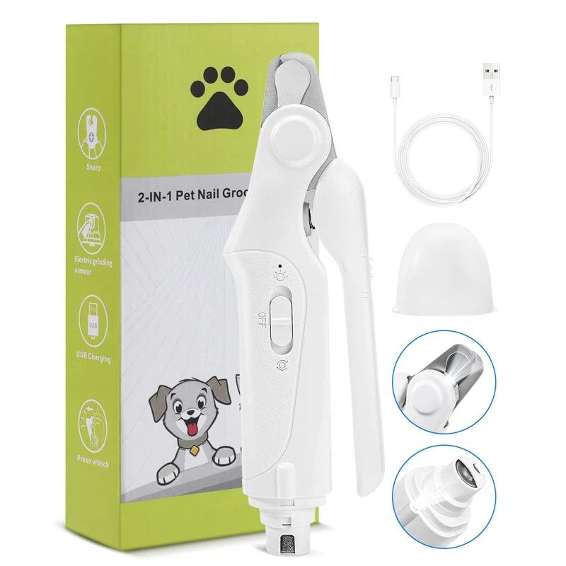 "Rechargeable dog nail grinder and clipper with LED light; ergonomic design for safe pet grooming, cordless and USB rechargea
