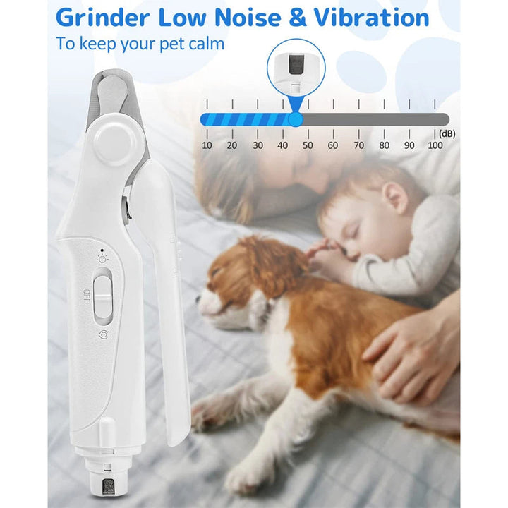 "Rechargeable dog nail grinder and clipper with LED light; ergonomic design for safe pet grooming, cordless and USB rechargea