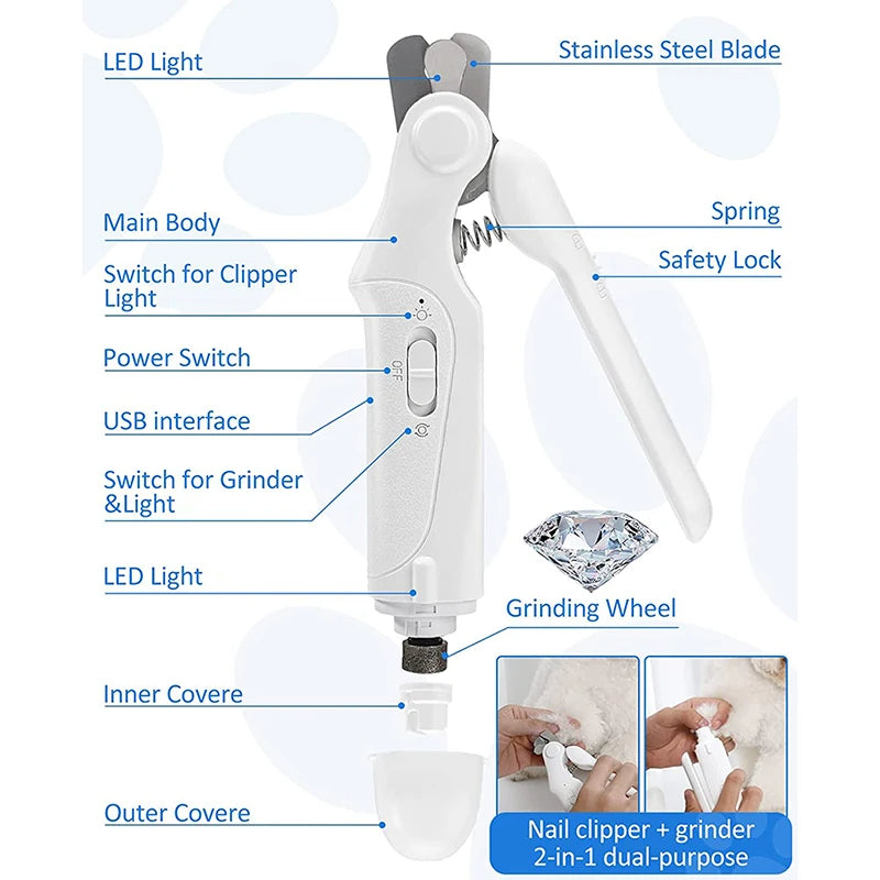 "Rechargeable dog nail grinder and clipper with LED light; ergonomic design for safe pet grooming, cordless and USB rechargea