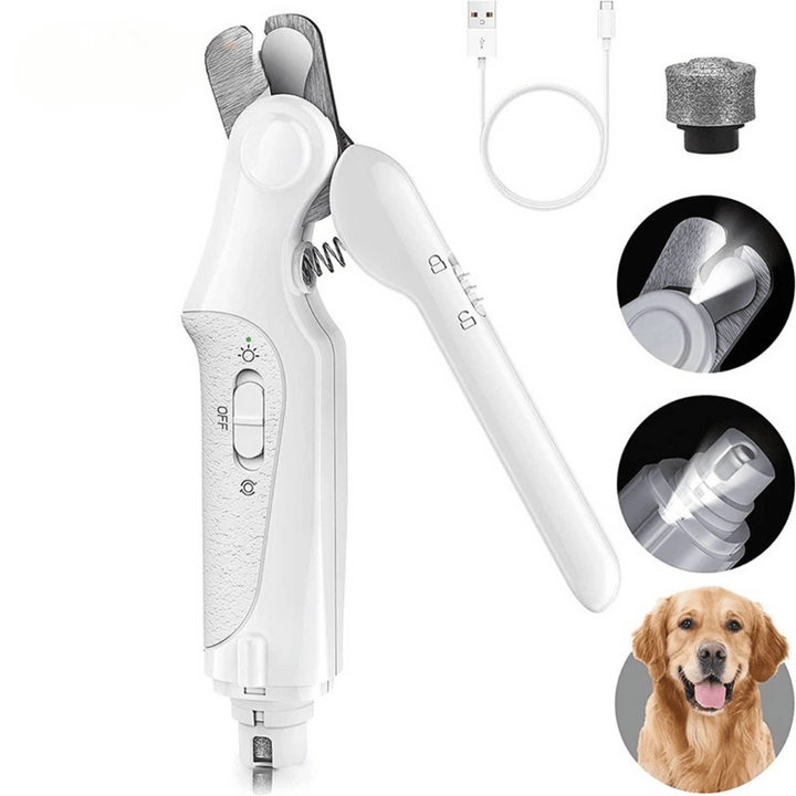 "Rechargeable dog nail grinder and clipper with LED light; ergonomic design for safe pet grooming, cordless and USB rechargea