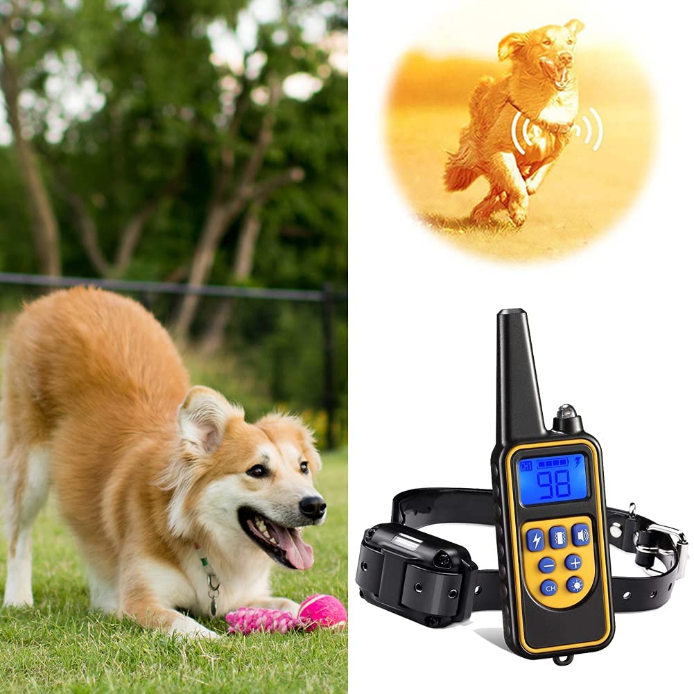 Rechargeable electric dog training collar with 800M range, waterproof, adjustable, and includes a user-friendly remote contro
