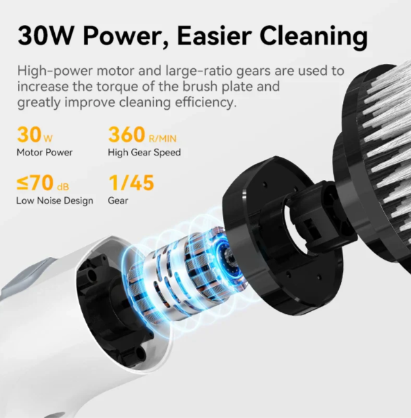 "Rechargeable electric scrubber with 7 brush heads on white background, ideal for cleaning diverse surfaces effortlessly."
