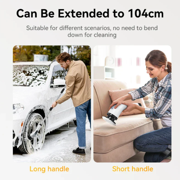 "Rechargeable electric scrubber with 7 brush heads on white background, ideal for cleaning diverse surfaces effortlessly."