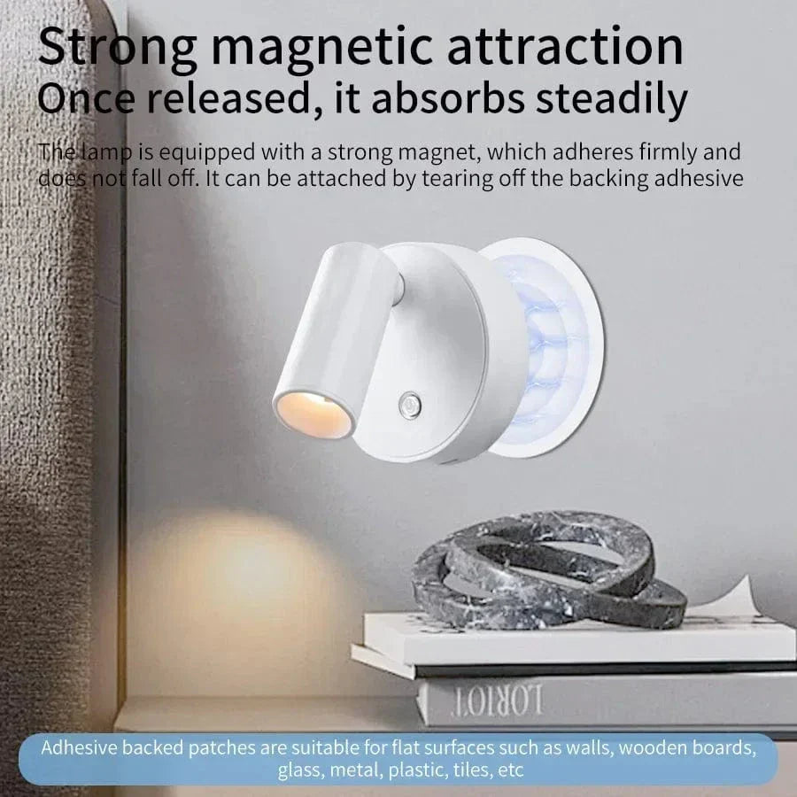 Rechargeable LED wall light with touch control, 360° rotation, magnetic base; compact, sleek design for versatile lighting.