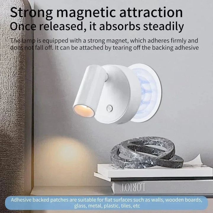 Rechargeable LED wall light with touch control, 360° rotation, magnetic base; compact, sleek design for versatile lighting.