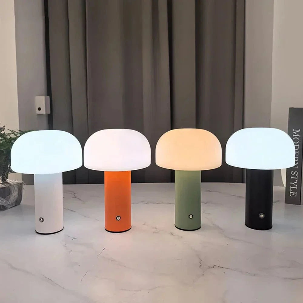 "Rechargeable mushroom LED table lamp with touch control in bold colors, perfect for modern decor and ambient lighting."
