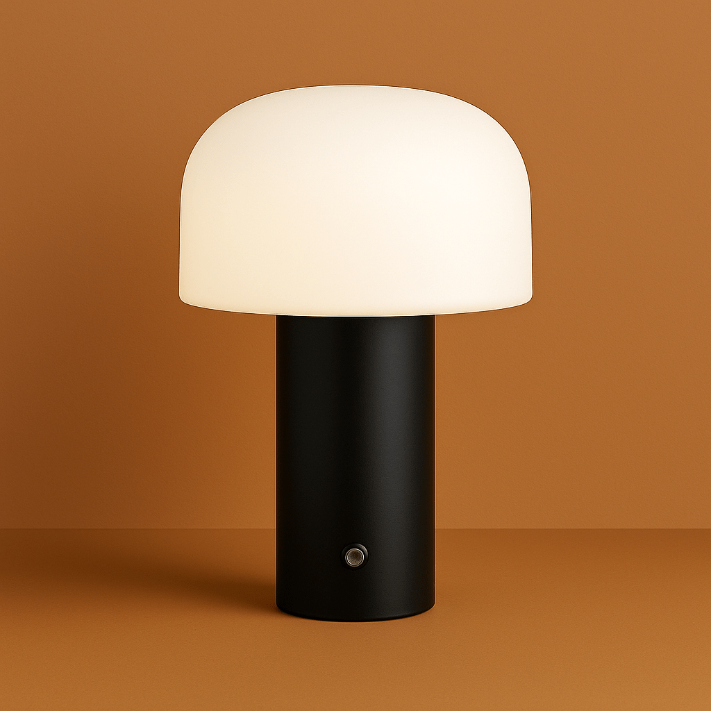 "Rechargeable mushroom LED table lamp with touch control in bold colors, perfect for modern decor and ambient lighting."