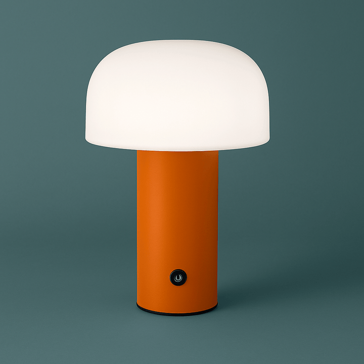 "Rechargeable mushroom LED table lamp with touch control in bold colors, perfect for modern decor and ambient lighting."