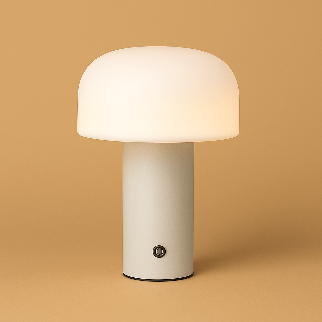 "Rechargeable mushroom LED table lamp with touch control in bold colors, perfect for modern decor and ambient lighting."