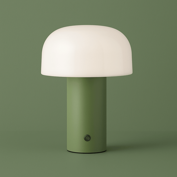 "Rechargeable mushroom LED table lamp with touch control in bold colors, perfect for modern decor and ambient lighting."