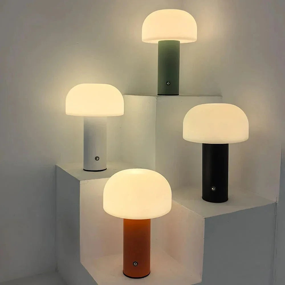 "Rechargeable mushroom LED table lamp with touch control in bold colors, perfect for modern decor and ambient lighting."