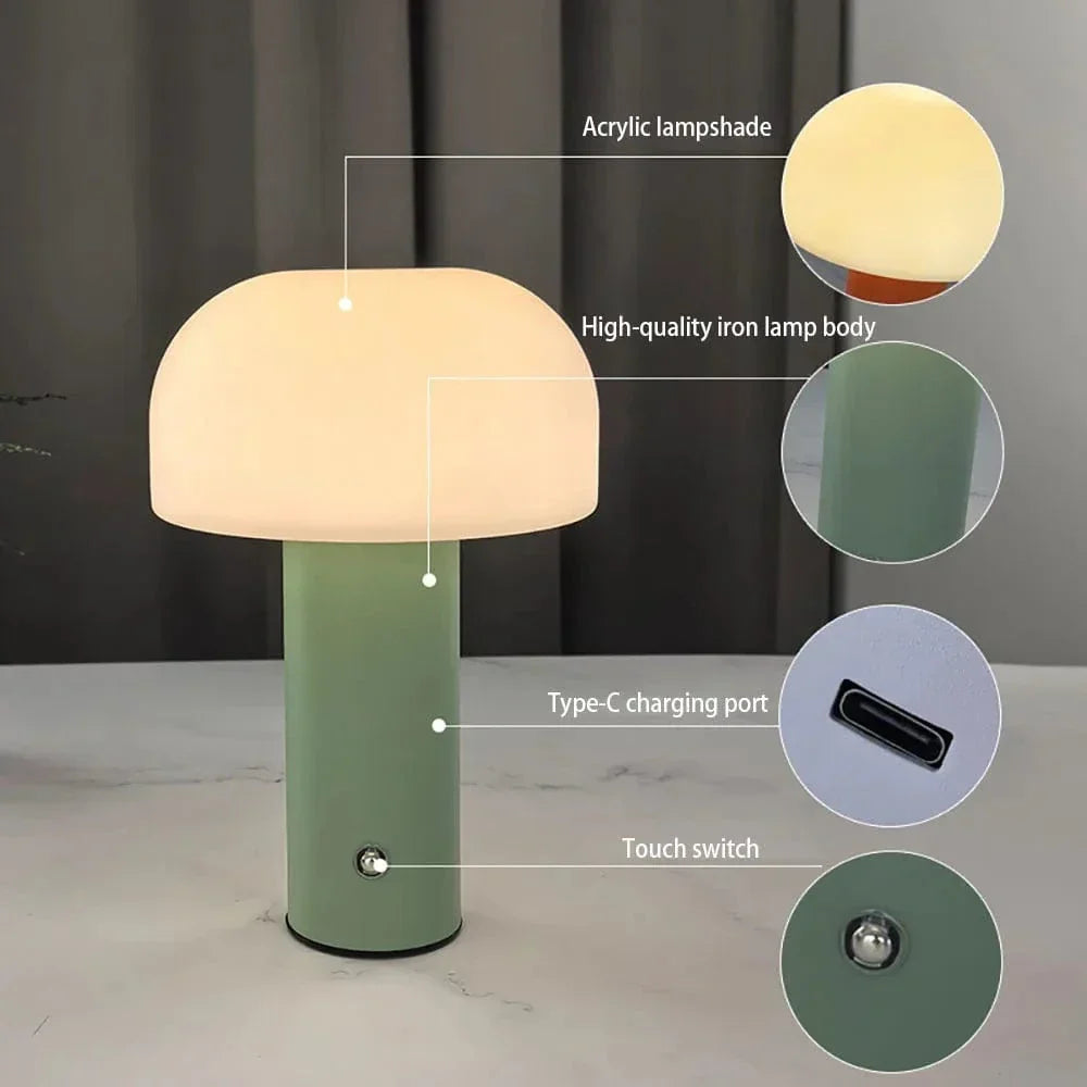 "Rechargeable mushroom LED table lamp with touch control in bold colors, perfect for modern decor and ambient lighting."
