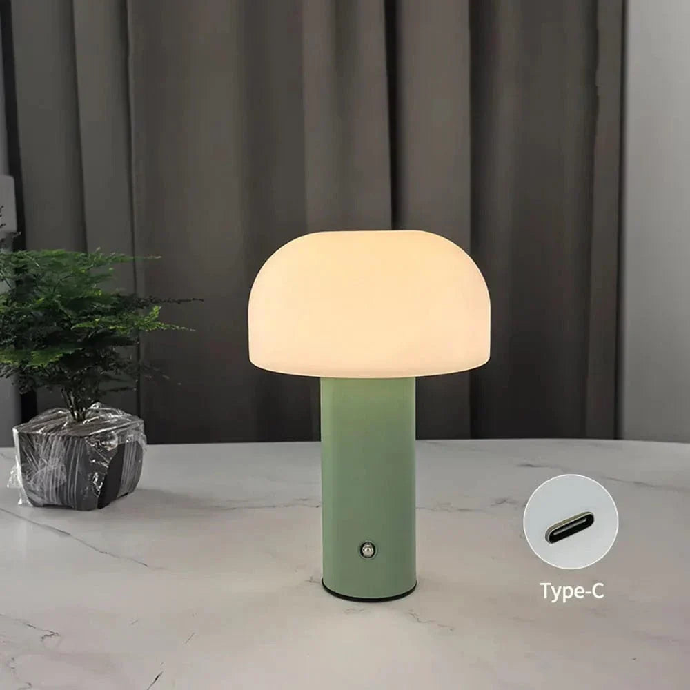 "Rechargeable mushroom LED table lamp with touch control in bold colors, perfect for modern decor and ambient lighting."