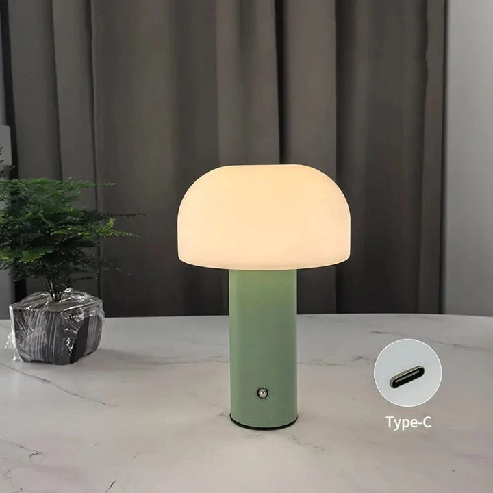 "Rechargeable mushroom LED table lamp with touch control in bold colors, perfect for modern decor and ambient lighting."