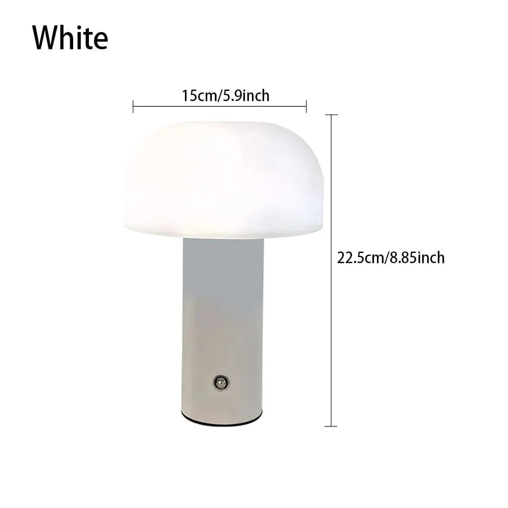 "Rechargeable mushroom LED table lamp with touch control in bold colors, perfect for modern decor and ambient lighting."