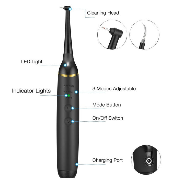 "Rechargeable ultrasonic dental scaler with sleek design, high-frequency vibrations, USB rechargeable for effective oral care