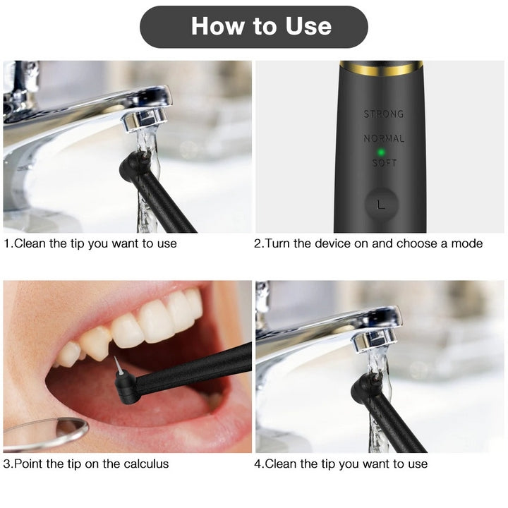 "Rechargeable ultrasonic dental scaler with sleek design, high-frequency vibrations, USB rechargeable for effective oral care