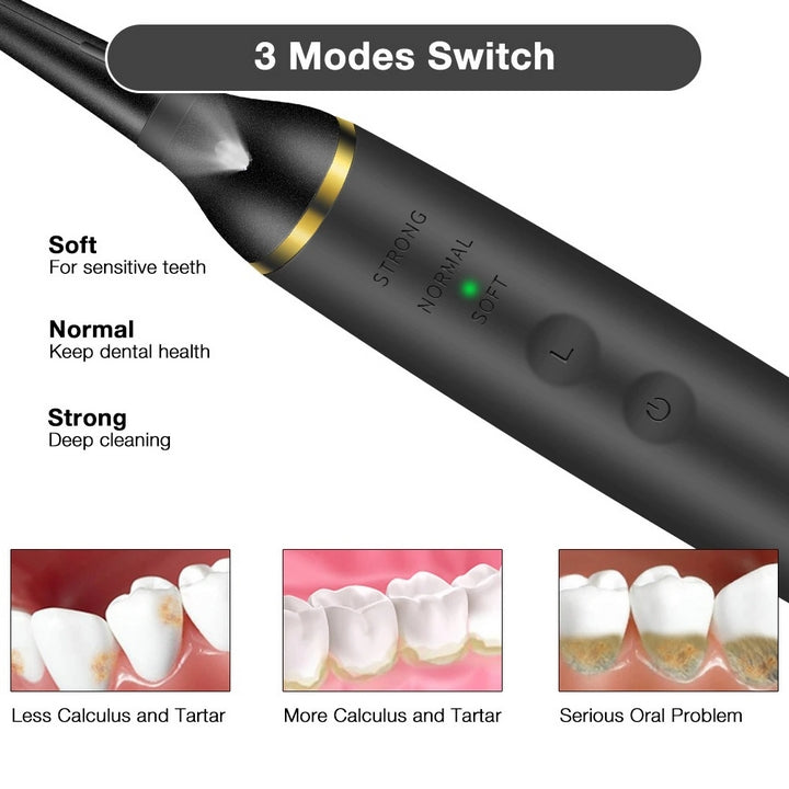 "Rechargeable ultrasonic dental scaler with sleek design, high-frequency vibrations, USB rechargeable for effective oral care