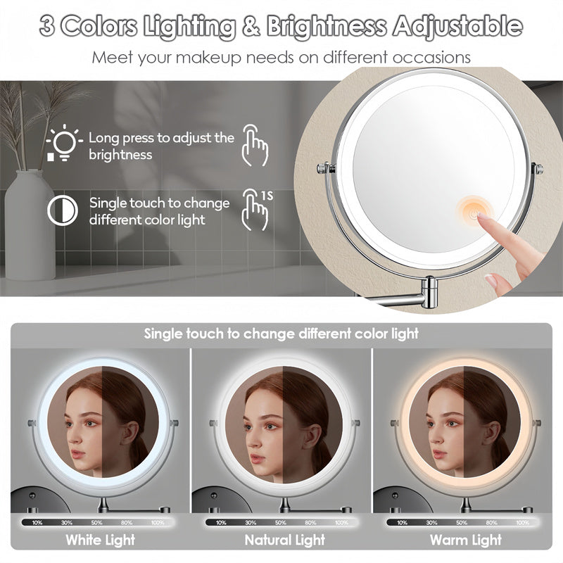 "Rechargeable wall mounted shaving mirror with LED lights, featuring three light settings and a sleek modern design."