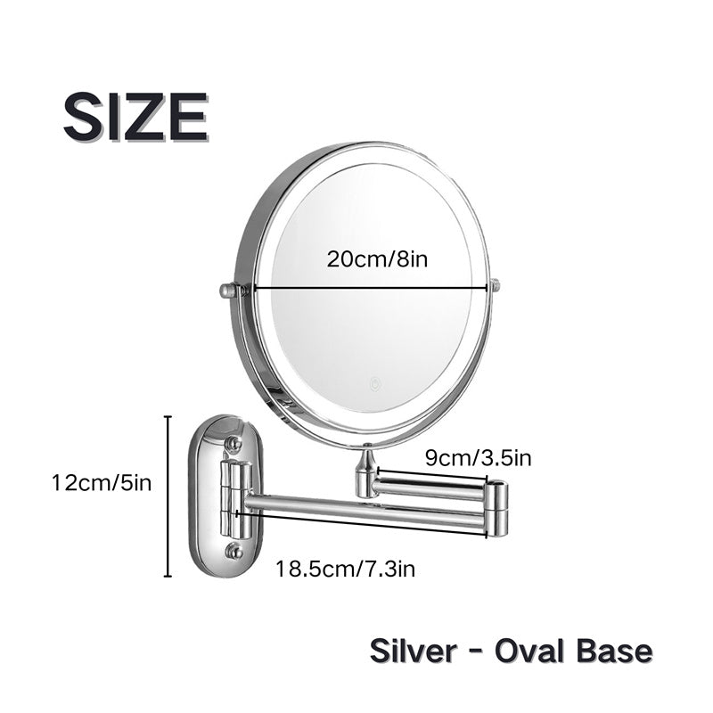 "Rechargeable wall mounted shaving mirror with LED lights, featuring three light settings and a sleek modern design."