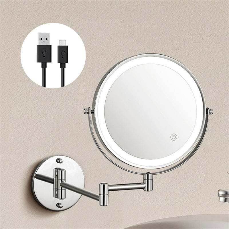 "Rechargeable wall mounted shaving mirror with LED lights, featuring three light settings and a sleek modern design."