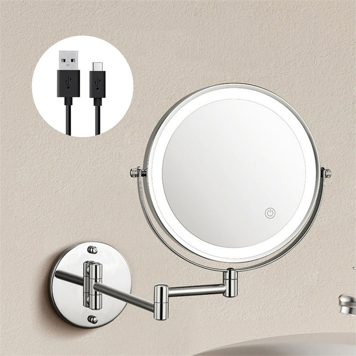 "Rechargeable wall mounted shaving mirror with LED lights, featuring three light settings and a sleek modern design."