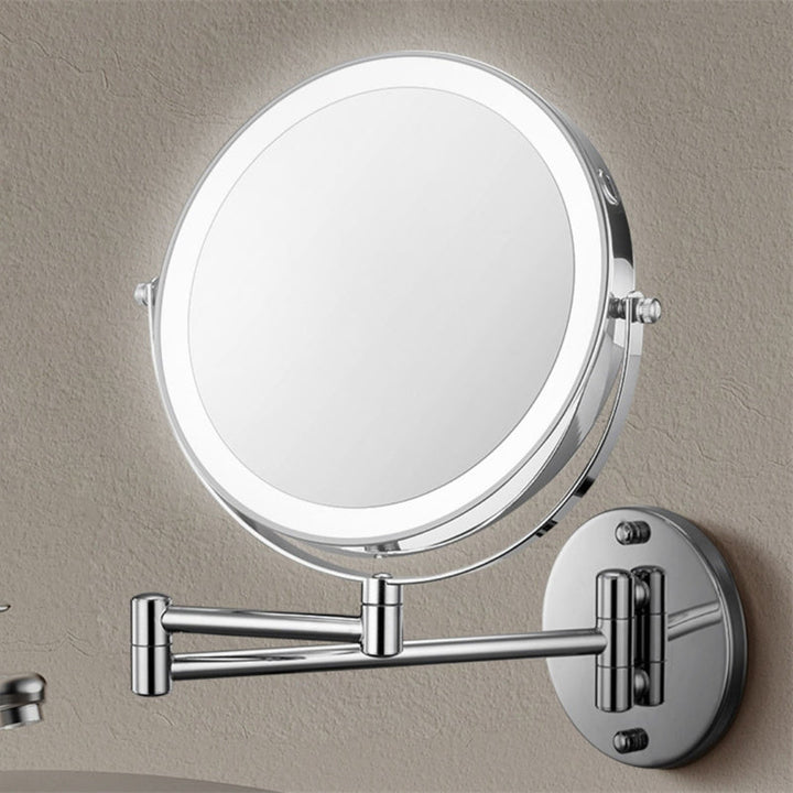 "Rechargeable wall mounted shaving mirror with LED lights, featuring three light settings and a sleek modern design."