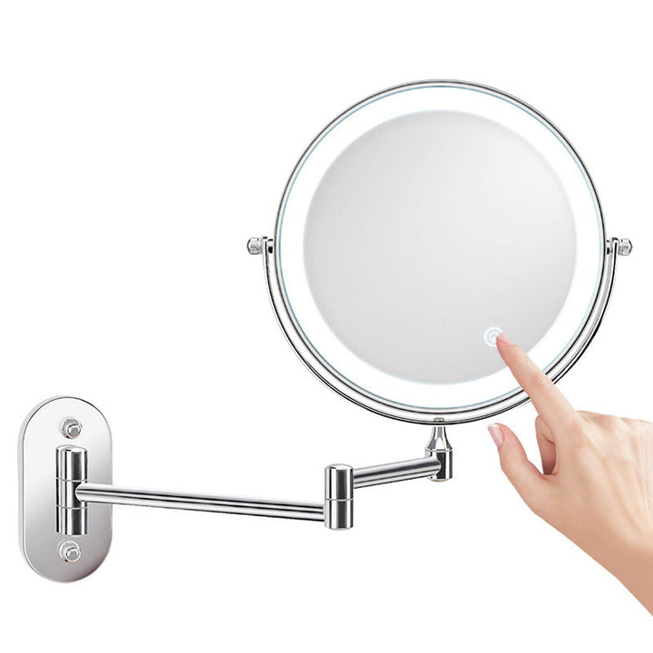 "Rechargeable wall mounted shaving mirror with LED lights, featuring three light settings and a sleek modern design."