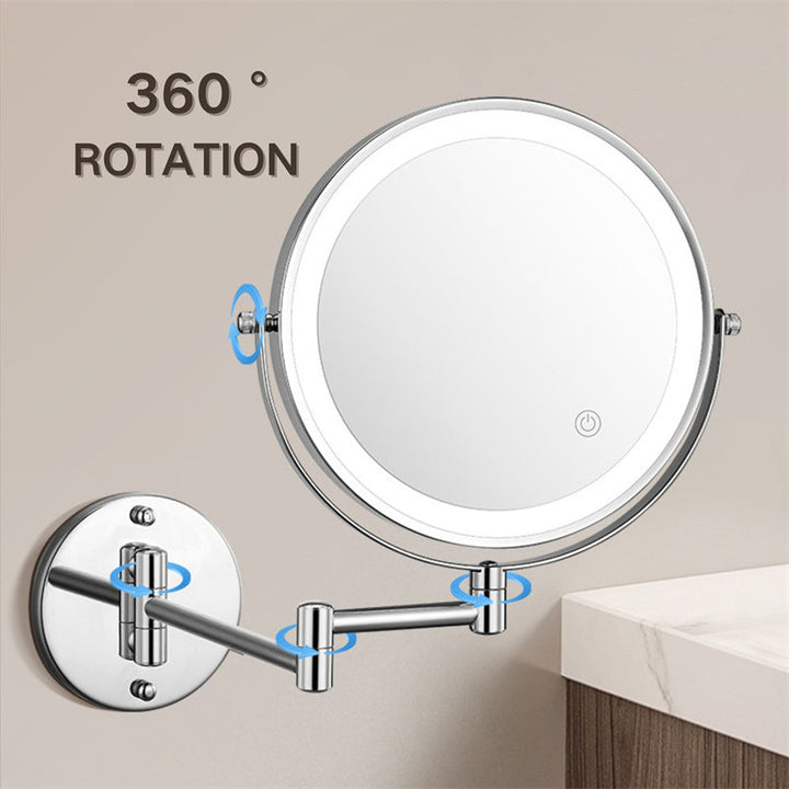 "Rechargeable wall mounted shaving mirror with LED lights, featuring three light settings and a sleek modern design."
