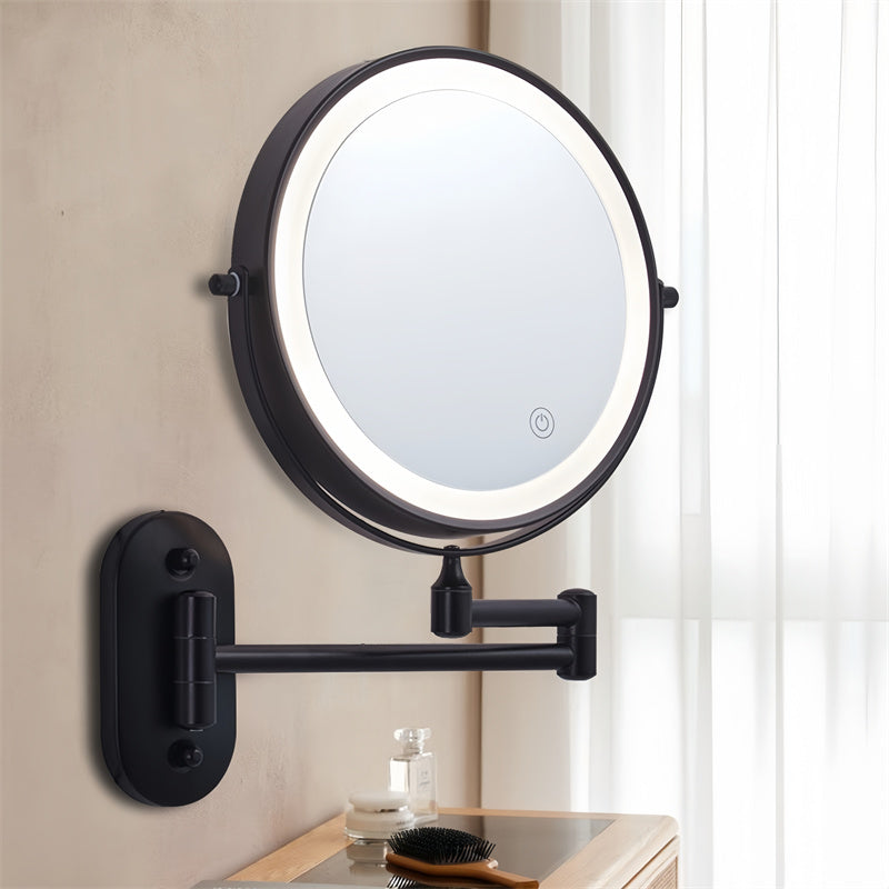 "Rechargeable wall mounted shaving mirror with LED lights, featuring three light settings and a sleek modern design."