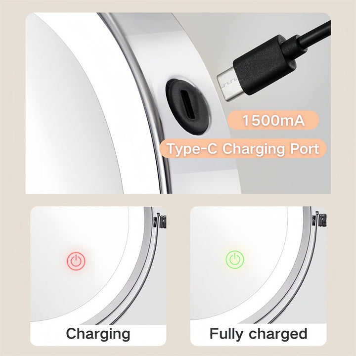 "Rechargeable wall mounted shaving mirror with LED lights, featuring three light settings and a sleek modern design."