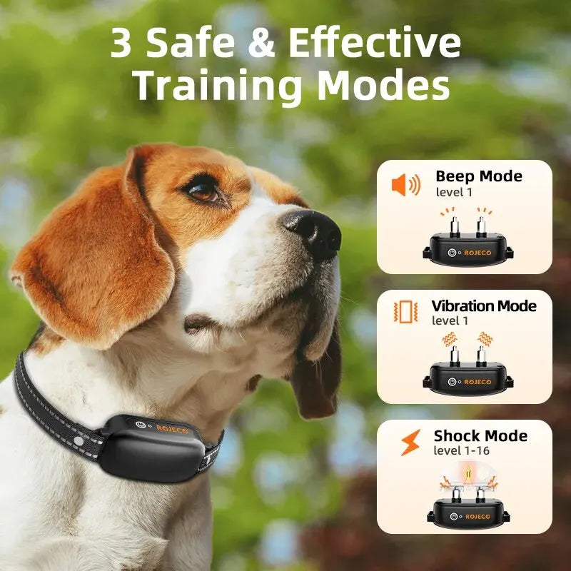 "Rechargeable waterproof dog training collar with remote, adjustable for all sizes, features sound, vibration, shock modes."