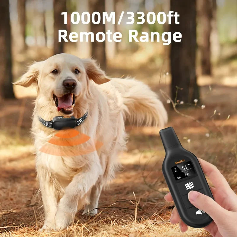 "Rechargeable waterproof dog training collar with remote, adjustable for all sizes, features sound, vibration, shock modes."