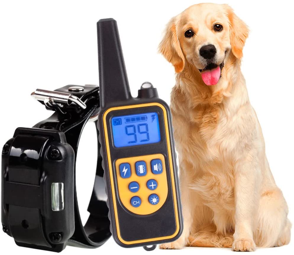 "Rechargeable waterproof electric dog training collar with remote, rubber strap, and LCD display for effective pet training."
