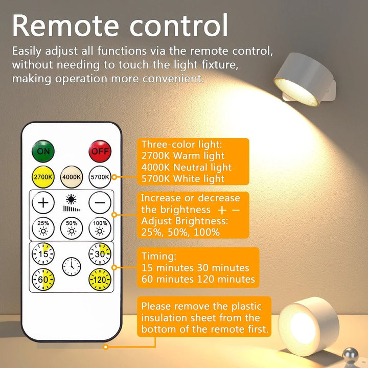 Rechargeable wireless 360° LED wall light with touch control, magnetic rotation, adjustable brightness and color modes in whi
