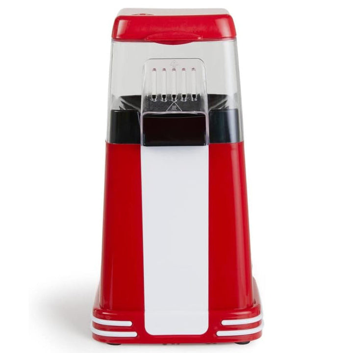 Red and white retro 1200W hot air popcorn maker with vintage design; ideal for healthy, quick snacks at home or parties.