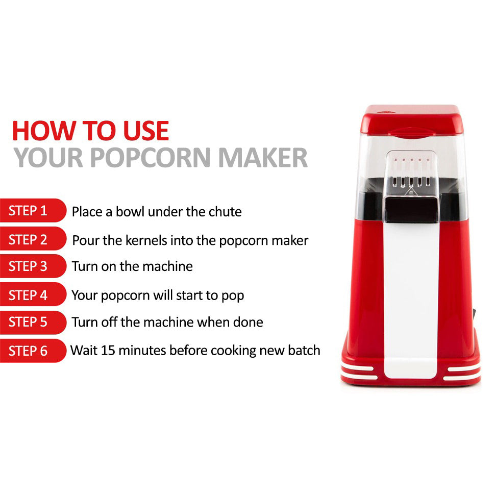 Red and white retro 1200W hot air popcorn maker with vintage design; ideal for healthy, quick snacks at home or parties.