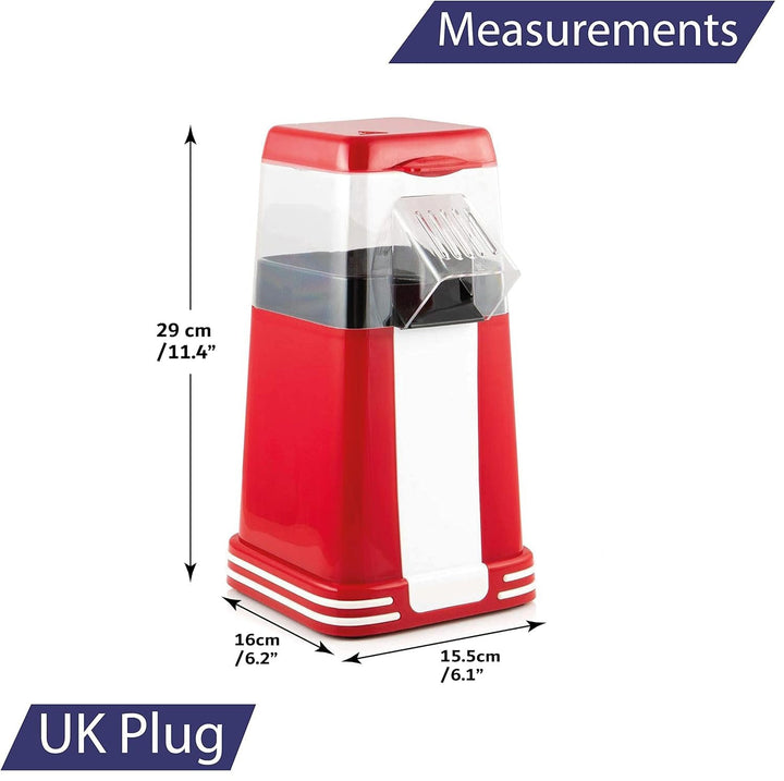 Red and white retro 1200W hot air popcorn maker with vintage design; ideal for healthy, quick snacks at home or parties.