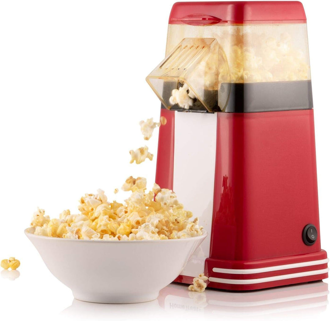 Red and white retro 1200W hot air popcorn maker with vintage design; ideal for healthy, quick snacks at home or parties.