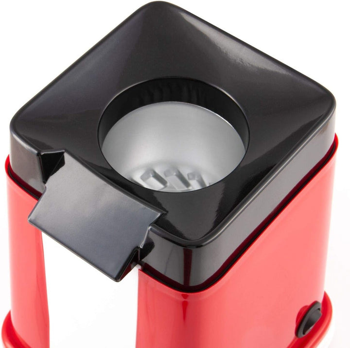 Red and white retro 1200W hot air popcorn maker with vintage design; ideal for healthy, quick snacks at home or parties.