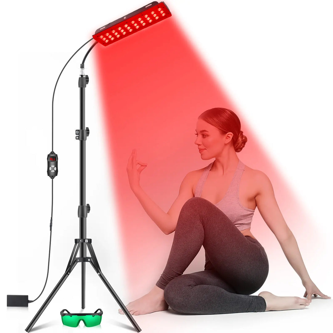 "Red light therapy lamp with adjustable strip for targeted healing, featuring a stable stand and versatile angle adjustment."