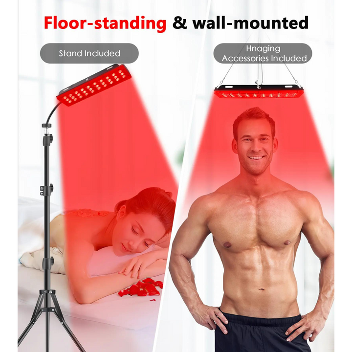 "Red light therapy lamp with adjustable strip for targeted healing, featuring a stable stand and versatile angle adjustment."