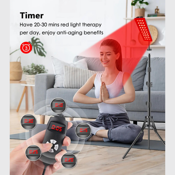 "Red light therapy lamp with adjustable strip for targeted healing, featuring a stable stand and versatile angle adjustment."