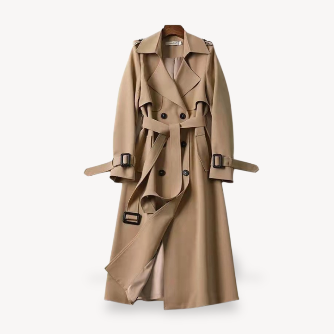 Red women's cotton trench coat with belted waist, classic silhouette, stylish and versatile for all-season outfits.